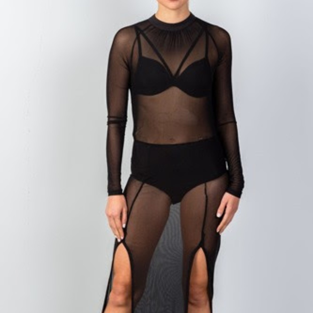 Mock Neck Mesh Maxi Dress Blk swim suite coverup
